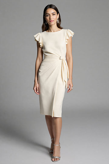 Ivory Bodycon Ruched Ruffled Midi Work Dress with Sash
